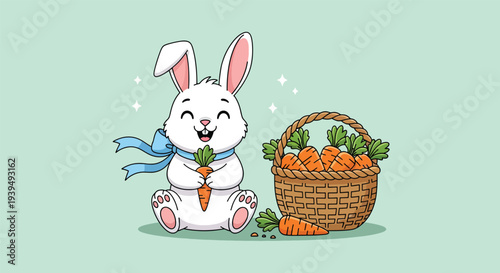 Happy cartoon bunny with blue scarf holding a carrot next to a basket of carrots.