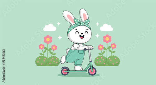 Happy cartoon bunny riding a scooter in a garden with flowers.