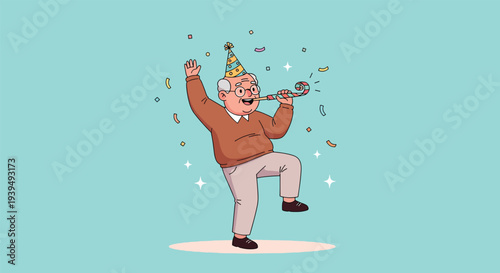 Happy elderly man celebrating with a party hat and noisemaker.