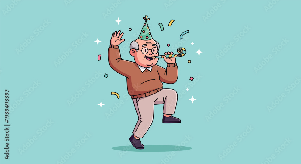 Obraz premium Happy senior man celebrating with party hat and horn.
