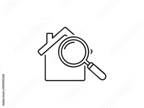 House and magnifying glass, property search icon, home inspection, real estate investigation