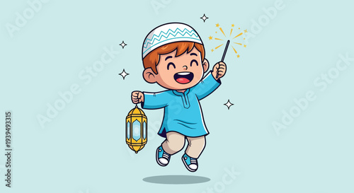 Happy Muslim Boy Celebrating Eid with Lantern and Sparkler.