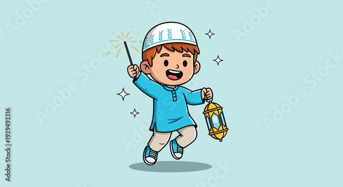 Happy Muslim Boy Celebrating Eid alFitr with Lantern and Sparkler.