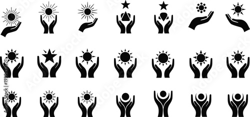 Hands holding celestial and abstract symbols including sun, star, geometric shapes, spiritual energy icons, nurturing care, enlightenment, protection design