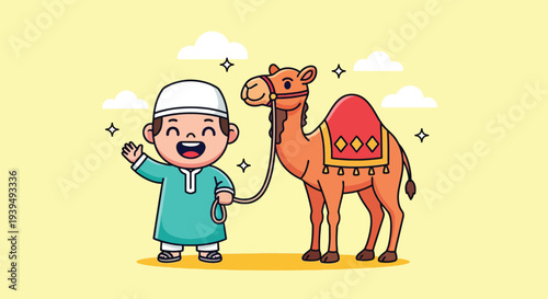 Happy Muslim Boy with Camel Cartoon Illustration.