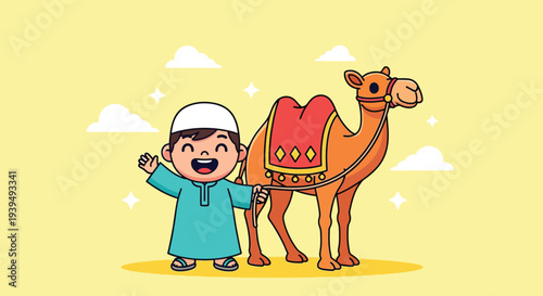 Happy Muslim Boy with Camel Celebrating Eid alAdha Vector.