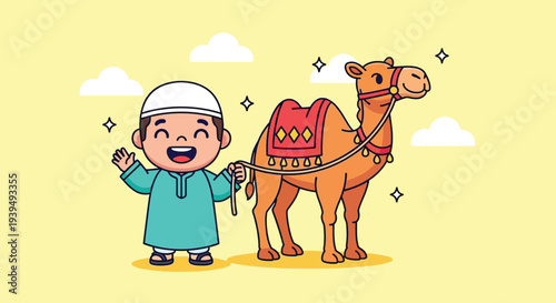 Happy Muslim Boy with Camel Celebrating Eid alAdha.
