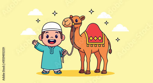 Happy Muslim Boy with Camel Celebrating Eid alAdha Vector Illustration.