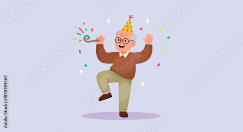 Happy senior man celebrating his birthday with a party hat and confetti.