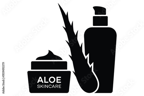 Aloe skincare product set with cream jar and lotion bottle icons including organic leaf for natural cosmetic packaging and beauty treatment