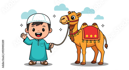 Happy Muslim Boy with Camel for Eid alAdha Celebration.