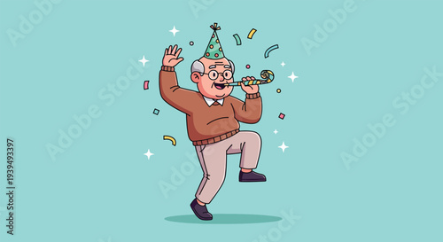 Happy senior man celebrating with party hat and horn.