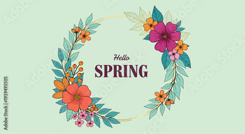 Hello Spring Floral Wreath Illustration on Light Green Background.
