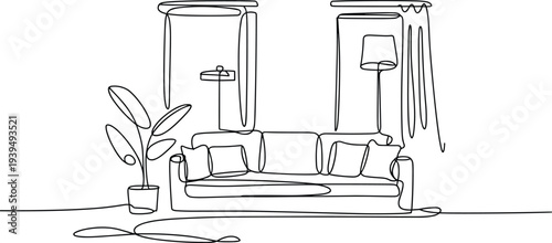 Minimalist black and white line of a living room with a sofa, lamps, and a potted plant line black and white