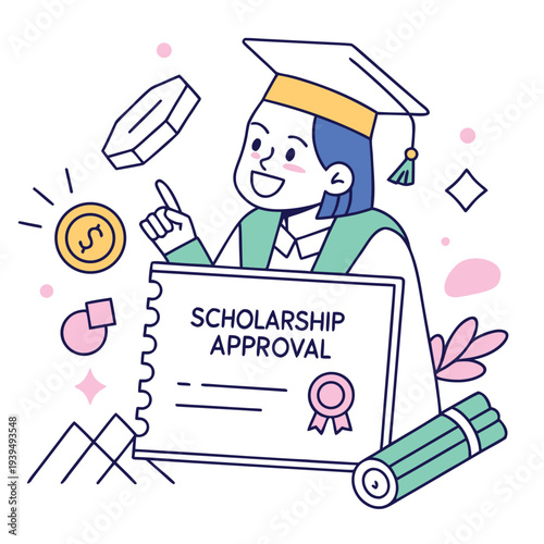  Happy Graduate with Scholarship Approval Certificate and Coins   Education Funding Flat Vector Illustration