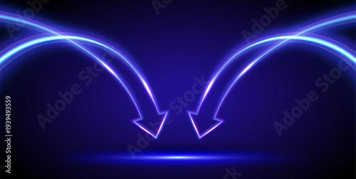 Two arrows pointing to one place. Blue curved arrow in motion on dark background. Glowing neon arrow with light trails. Personal growth. Quick result. Innovation technology and finance.