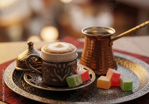 Traditional turkish coffee served in ornate cup on decorative tray with colorful sweets