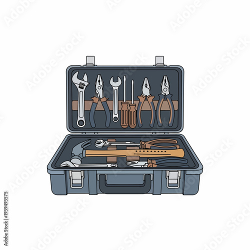 Toolbox with Various Tools Inside and Open.