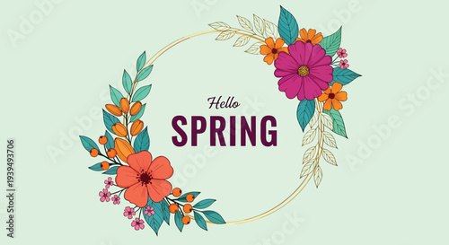 Hello Spring floral wreath with vibrant flowers and leaves.