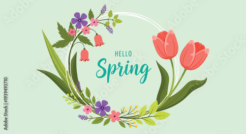 Hello Spring floral wreath with vibrant tulips and wildflowers.