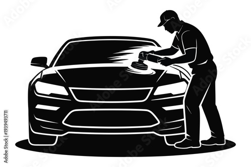 Car polishing service illustration with silhouette of man using orbital polisher on car hood front view professional auto detailing clean vehicle concept