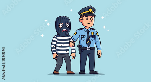 Police Officer Arresting a Thief in a Balaclava Mask.