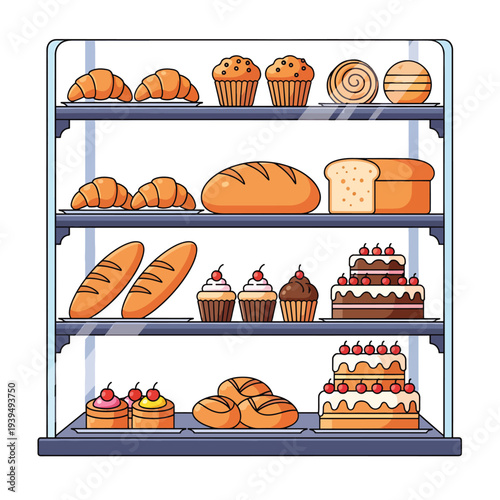 Assorted Baked Goods on Shelves in Display.