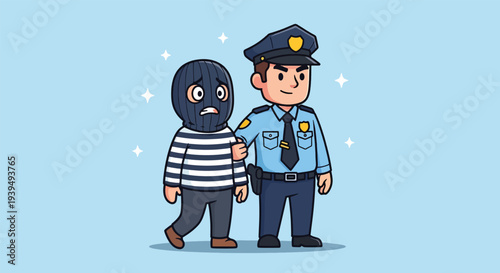 Police Officer Arresting Thief Cartoon Illustration.