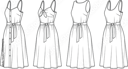 Sleeveless dress variations technical illustration vector fashion apparel garment construction design graphics, belted silhouette concept, black and white creative art collection