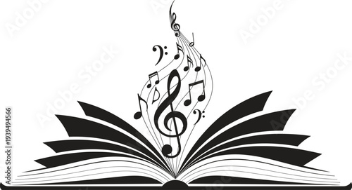 Open book with musical notes illustration vector literature creativity inspiration design graphics, fusion concept, black and white creative art collection