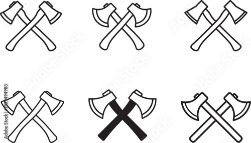 Crossed axes tool collection for woodcutting, lumberjack work, forestry, and outdoor tasks
