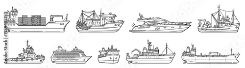 Large collection of hand drawn black ink ship and boat sketches including cargo vessel cruise ship yacht and fishing trawler for maritime and shipping design isolated on white vector