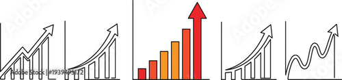 Business growth charts collection with bar graphs line trends and rising arrows showing financial analytics progress