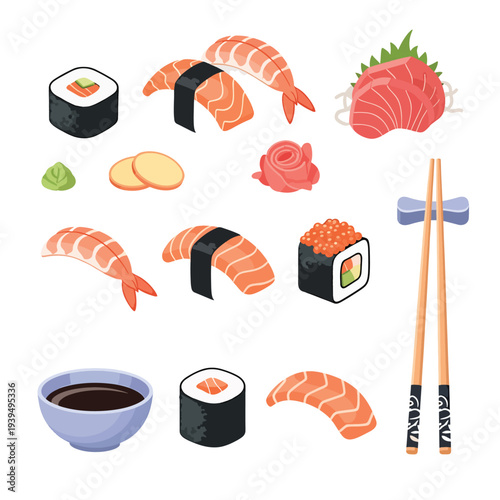 Assorted Sushi and Japanese Cuisine Elements.
