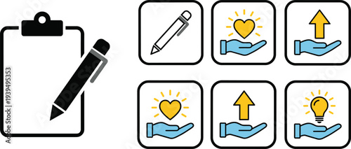 Business idea and creativity icon set with clipboard pencil lightbulb heart and growth arrow flat vector