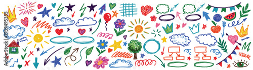 Large collection of colorful hand drawn doodle elements including arrows hearts stars sun and clouds for creative brainstorming and decorative design isolated on white background vector