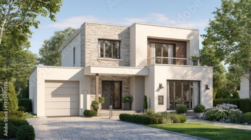 A modern, two-story house with a white exterior and stone accents, featuring a large driveway and a lush green lawn.