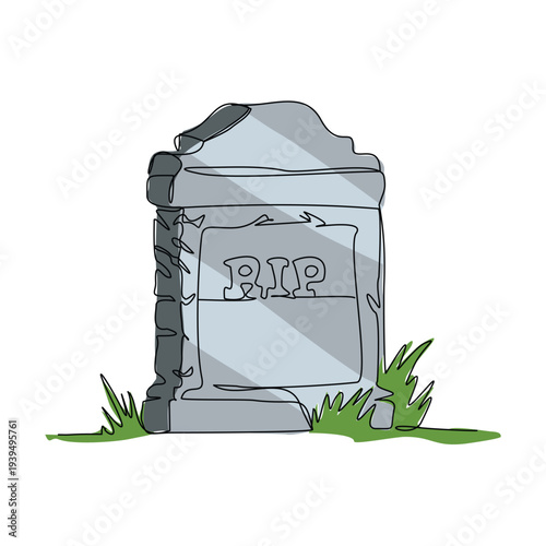 Continuous line sketch drawing of spooky horror scary gravestone grave cemetery memorial halloween concept one single line art editable stroke vector illustration