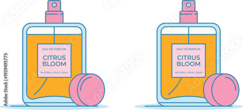 Citrus bloom perfume bottle illustration with peach fruit fragrance cosmetic product packaging design vector icon