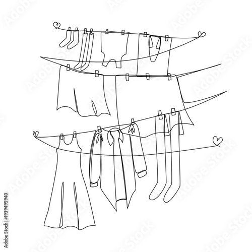 Continuous one line drawing of laundry hang on clothline. Vector illustration