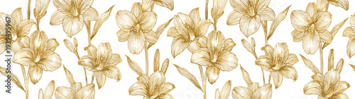 Seamless pattern of beautiful hand drawn golden lilies floral border for elegant wedding invitation and botanical wallpaper design isolated on white background vector illustration set