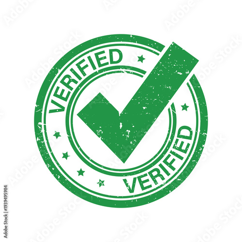 Professional verified badge stamp with green check mark for secure authentication and reliable product quality standards