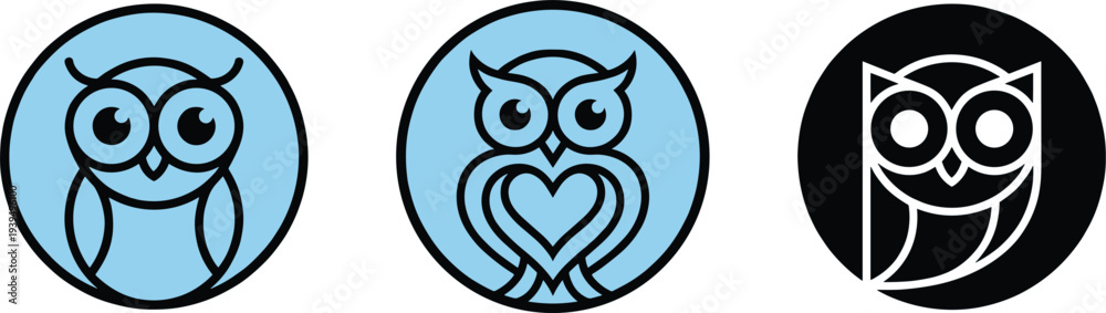 Fototapeta premium Cute owl logo collection with minimalist line art bird mascot icons for branding identity badge vector