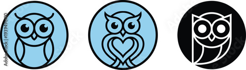 Cute owl logo collection with minimalist line art bird mascot icons for branding identity badge vector
