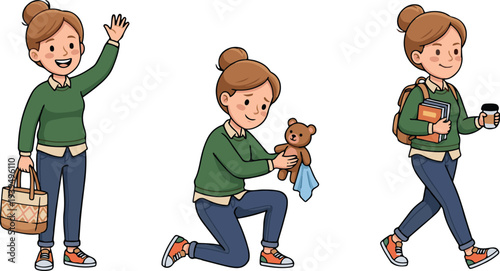 Cartoon woman character in three poses including waving, kneeling with teddy bear, and walking with backpack, flat vector illustration.