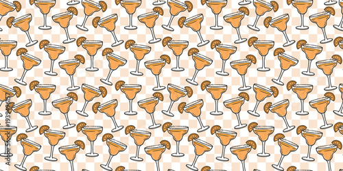 Refreshing orange cocktail seamless pattern with citrus slices on a peach checkered grid background for summer party and beverage branding.