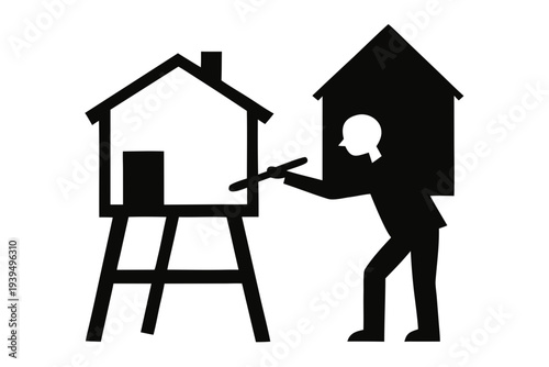 Young artist diligently painting a house silhouette vector