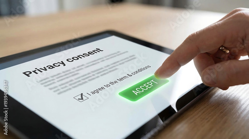 Digital Privacy Consent Agreement on Tablet Screen for Data Protection and Legal Compliance