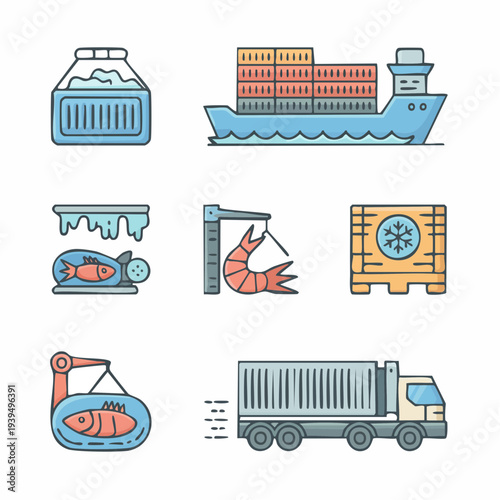 Comprehensive collection of flat line icons illustrating the seafood industry supply chain, encompassing fishing, processing, preservation, and global refrigerated transport logistics