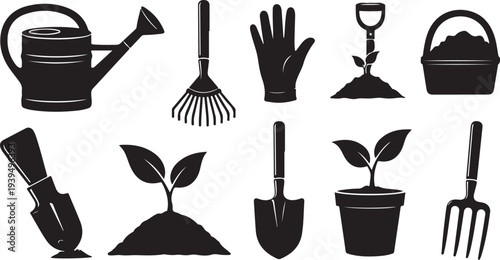 Gardening tools and plants in black silhouette style icons